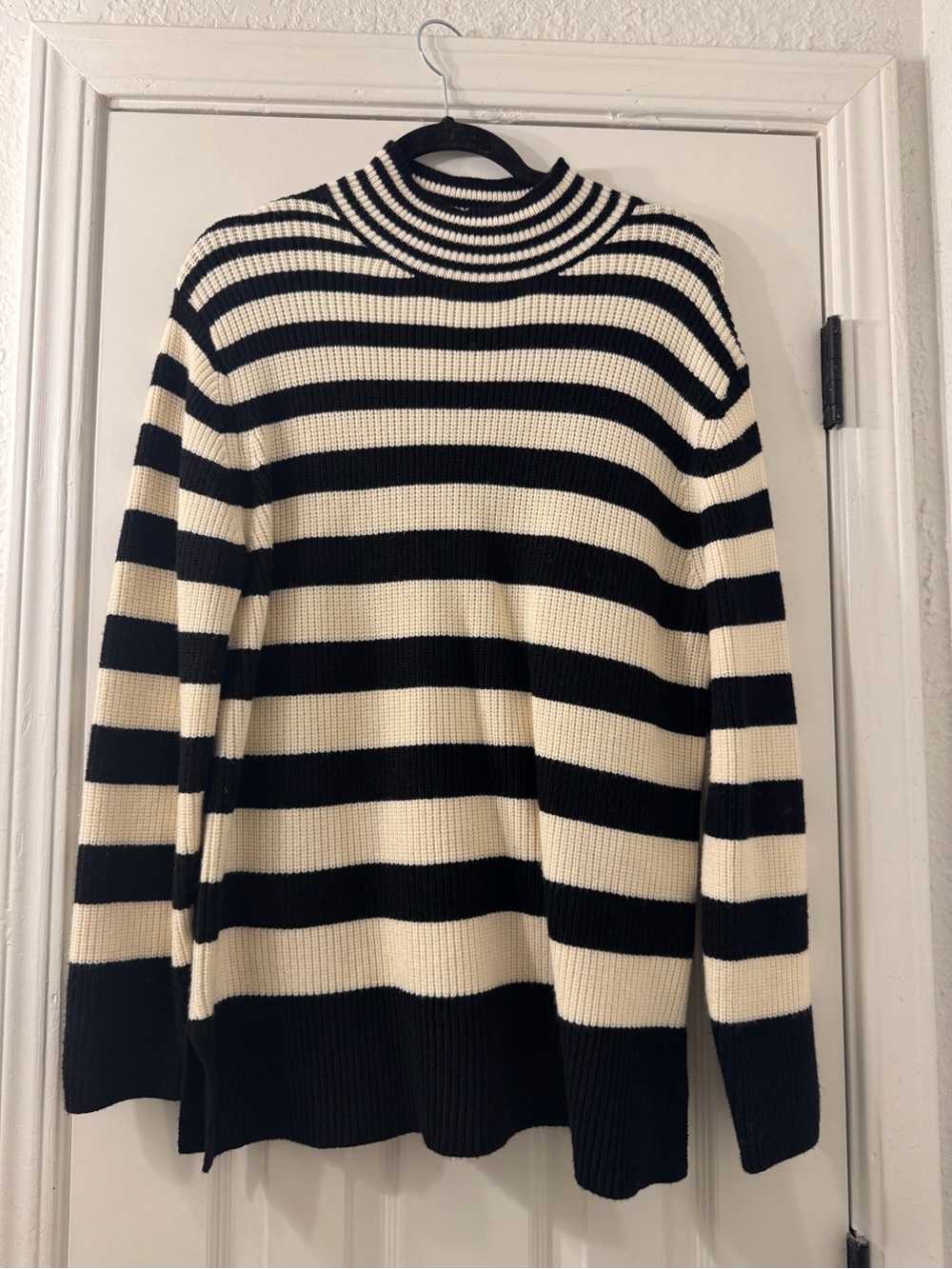 Striped Cowl-Neck Sweater in Black and Cream